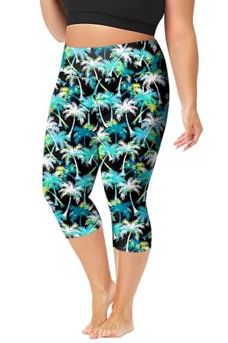 Womens High Waist Swim Leggings Quick Dry Water Sport Pants Capris Coverage Sun Blue Palm Tree Plus Size 3X