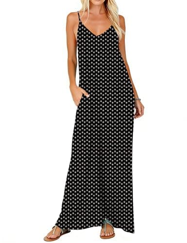 Poetsky Women's Casual Dress Summer V Neck Sleeveless Long Dress with Pockets Black Print S
