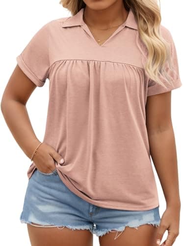 Plus Size T Shirts Women 1X Casual Pleated Collar Polo V Neck Rolled Sleeve Tops Coral