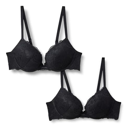 Amazon Essentials Women's Padded Underwire Lace Push-Up Bra, Pack of 2, Black, 36DD
