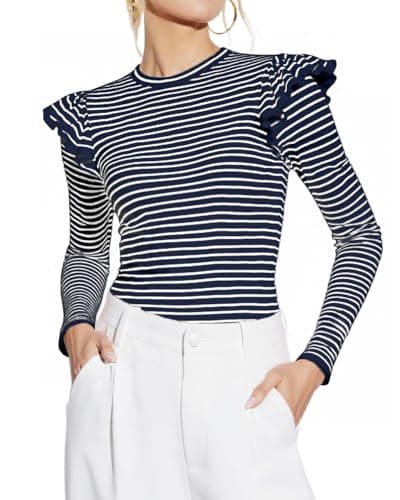 Ezbelle Womens Long Sleeve Striped Shirts Thanksgiving Tshirt NaveBlue XL