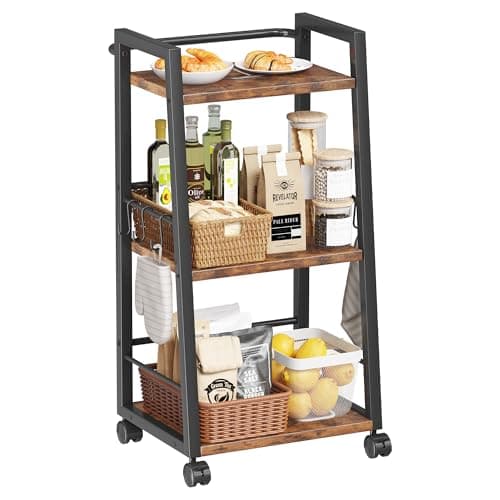Homeiju 3 Tier Kitchen Storage Cart with Lockable Wheels & 6 Hooks, Mobile Utility Organizer Rolling Cart for Small Spaces, Bar Cart for Kitchen and Living Room, Rustic Brown