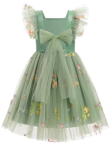 Toddler 4t 5t 6t 7t Flower Girl Dress for Wedding Floral Butterfly Daisy Flutter Sleeve Princess Birthday Tulle Sundress Formal Tea Party Bridesmaid Ball Gown HOCO Dresses Green 6-7 Years