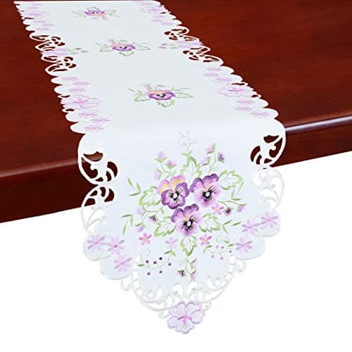 Simhomsen Floral Table Runners, Embroidered Purple Pansy Flowers on Cream-White Background (14 × 69 Inch)