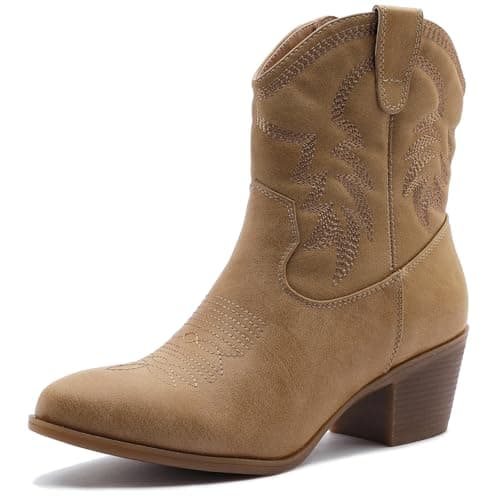 GLOBALWIN Women's Khaki Mid Calf The Western Cowboy Boots Fashion Cowgirl Boots For Women Low Heel Size 6M