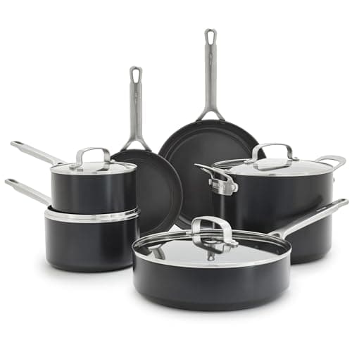 GreenPan x Bobby Flay Hard Anodized Nonstick 10 Piece Cookware Set, PFAS-Free Ceramic Pots & Pans, Induction Suitable, Frypans, Saucepans Saute, Stockpot, Glass Lids, Dishwasher & Oven Safe, Black