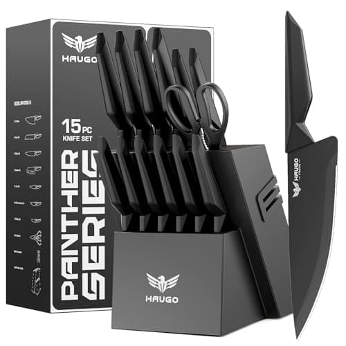 Haugo Kitchen Knife Set with Block: 15-Piece High Carbon Stainless Steel Professional Knives - Comfortable Grip Reduces Hand Fatigue 30% - Dishwasher Safe and Sharpener - Black Knife Set for Cooking