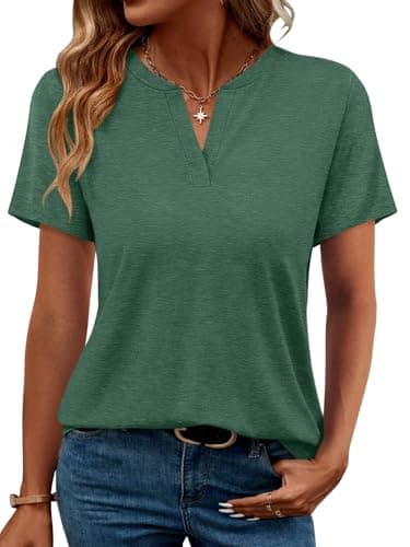 TICTICMIMI Women's V Neck Short Sleeve Tops Summer T Shirts Loose Fit Dressy Tees Green