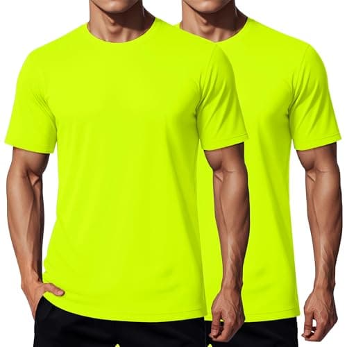 MAGCOMSEN 2 Pack Athletic Short Sleeve Shirts for Men UPF 50+ Dry Fit Moisture Wicking Running Gym Workout T Shirt Casual Neon Work Shirts Fluorescent Green