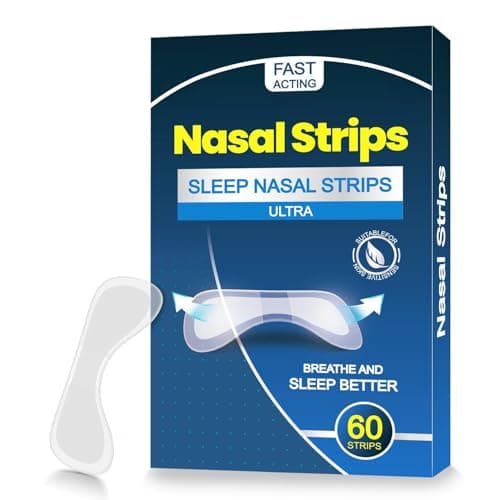 60 Pcs Nasal Strips for Snoring - Extra Strength Nose Strips for Breathing with Strong Adhesion - Sweat Resistant Design for All Day Use - Improves Sleep and Workout Performance - Clear