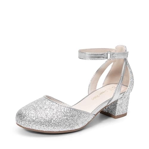 DREAM PAIRS Girls Dress Shoes Closed Toe High Heels Ankle Strap Toddler Little Big Kid Wedding Flower Party Pump,Size 11 Little Kid,Silver,KKUMPU2501