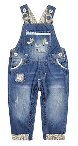KIDSCOOL SPACE Baby Girls Easy Diaper Changing Snap Legs Deer Embroidered Denim Overalls,Blue,18-24 Months