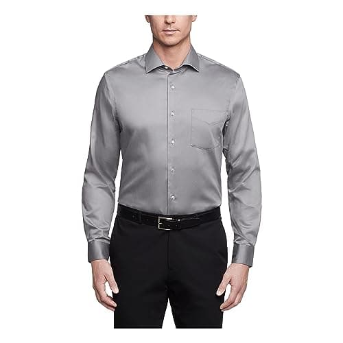 Van Heusen Men's Dress Shirts Regular Fit Lux Sateen Stretch Solid Shirt, Grey, 15" Neck 34"-35" Sleeve