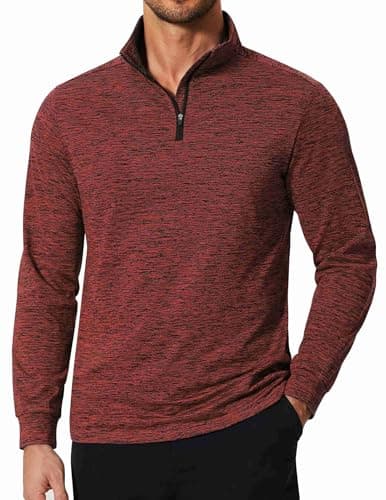 COOFANDY Men's Zip Pullover Fleece Mock Neck Long Sleeve Pullover Gym Christmas Slim Fit Shirts for Fall and Winter Wine Red