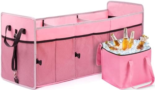 GPUSFAK Car Trunk Organizer with Individual Cooler Bag - 3 Compartments Trunk Organizer for Car Collapsible Car Storage Organizer for SUV (Pink)