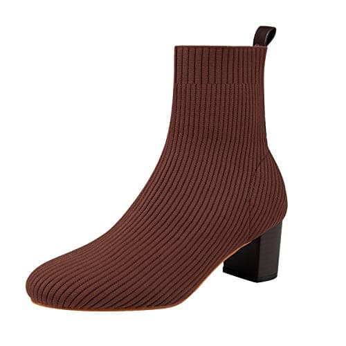 GATUXUS Women's Glove Chunky Mid Heel Ankle Boots Pointed Toe Knit Sock Style Booties Casual Warm Shoes (Darkbrown, numeric_8)