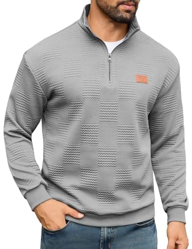 URRU Men's Quarter Zip Pullover Sweatshirt Mock Neck Long Sleeve Sweater Slim Fit Casual Polo Sweaters Grey S