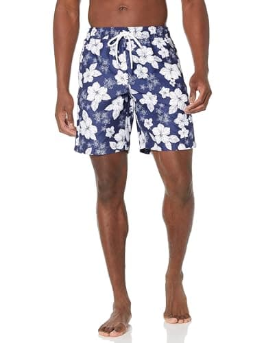 Amazon Essentials Men's 9" Swim Trunks with Mesh Lining, Pockets, Drawstring Closure, Navy Hibiscus Flower, X-Large