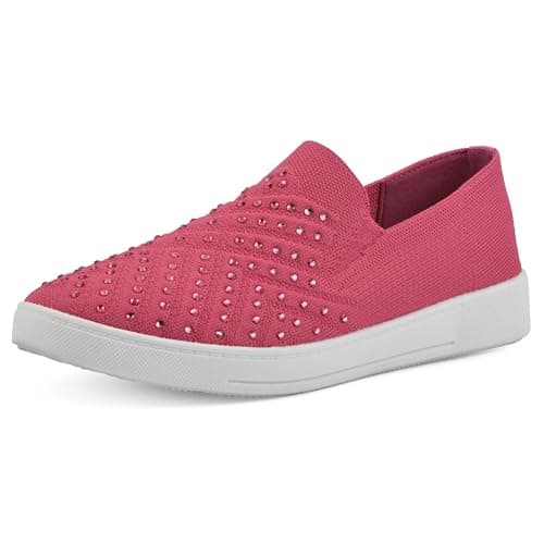 WHITE MOUNTAIN Women's Upbring Rhinestoned Woven Knit Sneaker, Super Pink/Fabric, 11 M