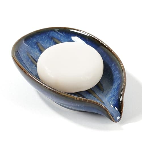 Soap Dish, Self-Draining Soap Holder, Leaf Shape Ceramic Bar Soap Holder Drain Soap Dishes for Bathroom Sink Kitchen, Easy to Clean Keeps Soap Dry, Blue, ANTIS'S HOME