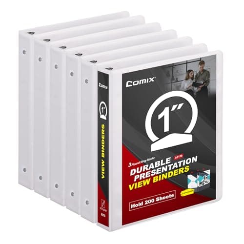 COMIX Sturdy 3 Ring Binder 1 inch with Clear View Cover, 1" Round Ring View Binder, PVC-Free, 200 Sheets Capacity of US Letter Size Paper, Office & School Supplies, 6 Pack (White)