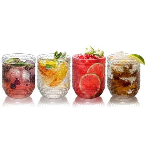 Topsky Vintage Drinking Glass Set of 4,12 oz Embossed Floral Drinkware Set,Colorful Drinking Glasses Cups Wine Glasses Colored Glassware for Whisky,Beer,Juice,Cocktail,Heavy Duty-Clear