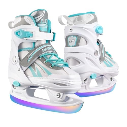 Adjustable Kids Ice Skates for Girls Boys, 4 Size Adjustable Beginner Ice Hockey Skates for Youths Teen, Warm Ice Skating Shoes with Electroplated color-changing blades for Outdoor and Rink, Blue