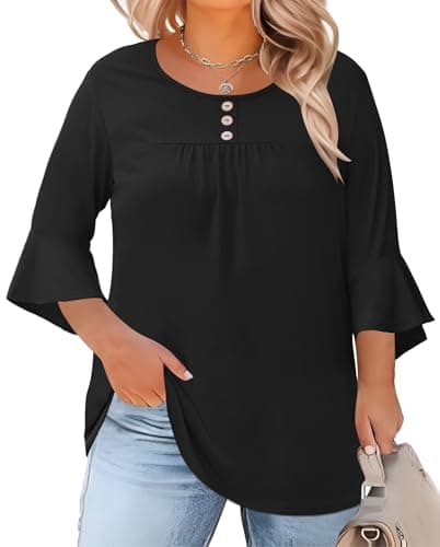 Rapbin Womens Plus Size Tops 3/4 Sleeve Crew Neck Tunic Spring Summer Button Pleated Casual Work Blouses (Black, 4XL)
