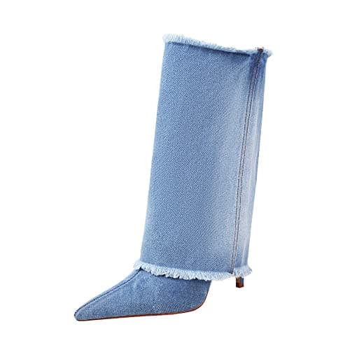 Reitoye Womens Denim Wide Calf Boots Pointed Toe Ankle Stiletto High Heel Boot US 7
