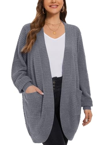 LARACE Long Cardigans for Women Plus Size Waffle Knit Sweater (Grey 1X)