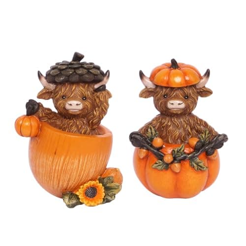 Fall Decorations for Home, Highland Cow Pumpkins Statues Cute Figurines
