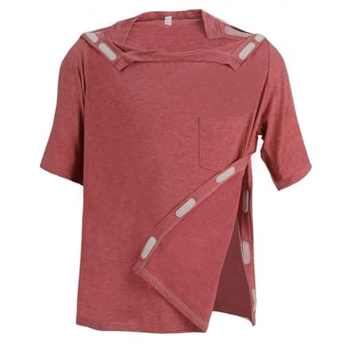 Unisex Post Shoulder Surgery Shirts Recovery Tear Away Short Sleeve Chemo Clothing with Stick On Fasteners, Convenient (US, Alpha, XX-Large, Regular, Regular, Jujube Red)