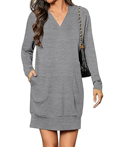 Totatuit Women's Hooded Sweatshirt Fall Fashion Vneck Lightweight Long Sleeve Pullover Hoodie Dress with Pockets Gray L