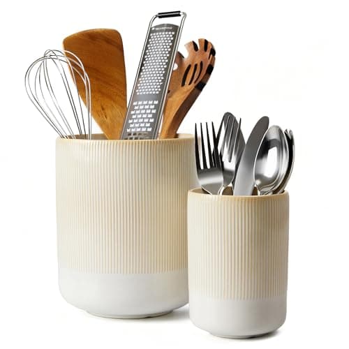 Pokini Utensil Holder, 7.3"+5.3" Ceramic Kitchen Utensil Holder for Countertop, Cooking Utensil Holder for Kitchen Counter, Kitchen Utensil Organizer Utensil Crocks, Modern Farmhouse Decor, Beige