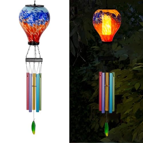 Starsoul Solar Wind Chimes for Outside, Colorful Hot Air Balloon Wind Chime with Flickering Flame, Outdoor Glass Windchimes Garden Decor, Gift for Mother's Day