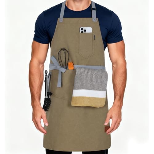 BOUND DUO Aprons For Women With Pockets Adjustable Shoulder Strap,Aprons for Men 38.5" Extra-Long Straps Fit More Body Types,Chef Apron for Kitchen Garden Barbecue Woodworking(Khaki)