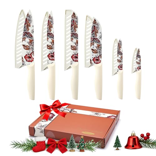 Marco Almond Knife Set Artistic Designed Pattern Kitchen Knife 6 Stainless Steel Kitchen Knives w 6 Blade Guards, Dishwasher Safe Knives for Family Kitchen Knives Set for Chefs