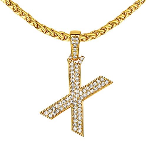 FindChic Iced Initial X Necklace for Men Bling CZ Big Letter Necklace Hip Hop 18K Gold Plated Capital Name Pendant Personalized Jewelry for Rapper 22inch Wheat Chain