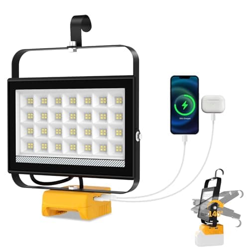 T-SUN 100W LED Work Light Compatible with Dewalt 20V Max Battery, 10000LM Portable Cordless Flood Light with 2 USB Charging Ports for Jobsites, Workshops, Emergency, Outdoor