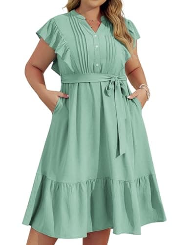 Hanna Nikole Plus Size Summer Dresses for Women Elastic Waist Botton Down Dresses 2025 Green 16W