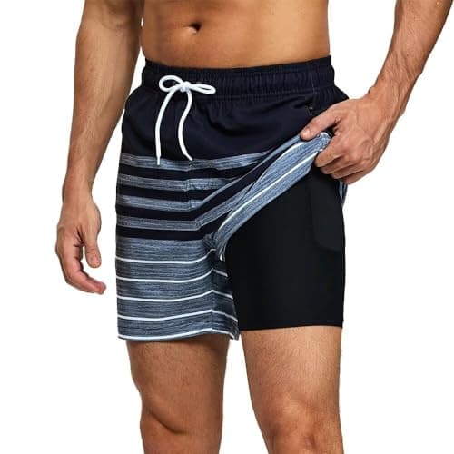 FREDRM Men's Swim Trunks with Compression Liner Quick Dry Bathing Suit Stretch Beach Board Shorts with Zipper Pockets (A-Black Stripe-N, M)