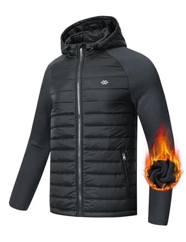 MoFiz Mens Activewear Hooded Insulated Jackets Puffy Thermal Hybrid Cycling Windbreak Jacket Coats Full-Zip Hiking Golf Jackets Lightweight Running Jacket Dark Grey Large