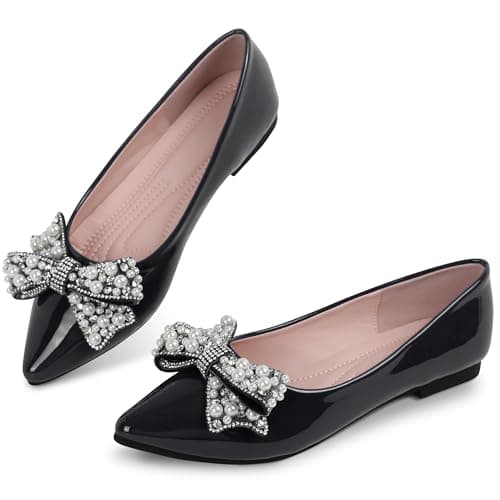 Anxle Leather Flats for Women Comfort Slip On Dressy Shoes Black 5.5