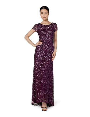 Adrianna Papell Women's Scoop Back Long Dress | Floor Length Sequin Gown with Scoop Back & Glamorous Train Detail, Cabernet, 16