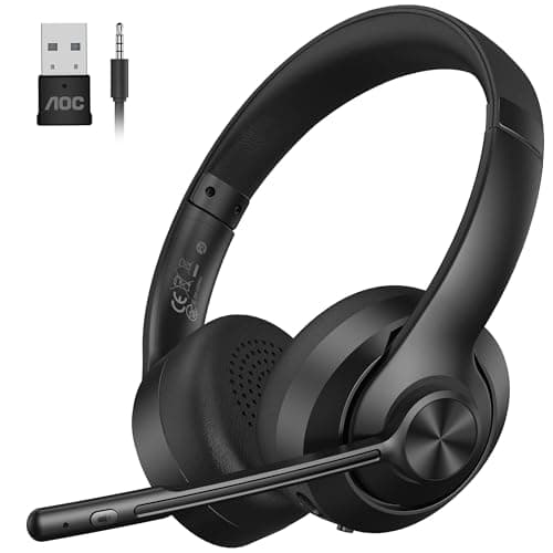 AOC Wireless Headset with Mic for Work, Bluetooth 5.4 Computer Headphones with USB-C Dongle, Clear Call Mic, 30H Battery, One-Touch Mute for PC, Laptop, Home Office, Zoom, Phones - Black