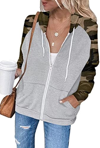 Ezbelle Womens Long Sleeve Camo Zip Up Hoodies Color Block hooded sweatshirt Lightweight Cardigan Sweaters Jacket Fall outfits Coat S
