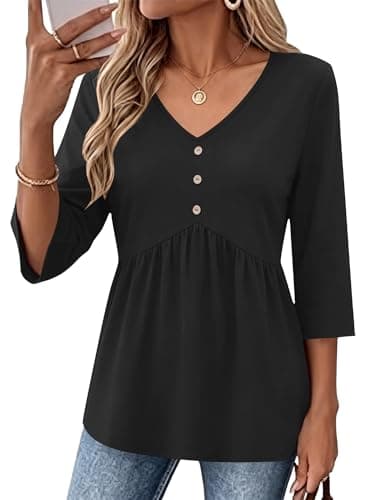 AKEWEI Babydoll for Women 2026 Early Fall Fashion Outfits 3/4 Length Sleeve Tunic Tops for Leggings Plus Size Womens Blouses Black L