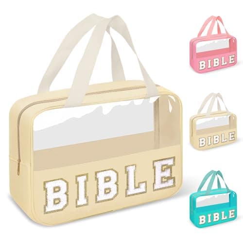 Chenille Letter Bible Bag Cover Case for Women,Preppy Bible Study Supplies Church Bag Purse Bible Accessories with Handle Zipper,Waterpoof Travel Makeup Bag Christmas Christian Gifts(BIBLE-Beige)