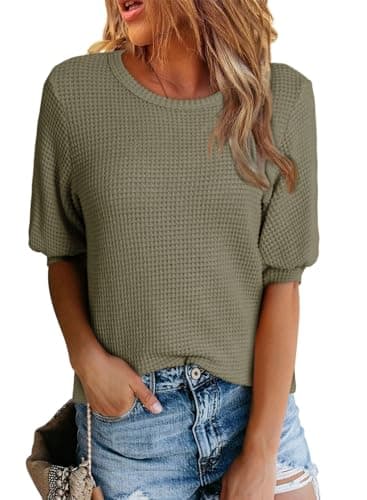 Dokotoo Womens Ladies Plus Size Tops for Women 2026 Fashion Summer Puff Short Sleeve Solid Casual Crewneck Moss Green T-Shirts Work Business Loose Tee Shirts Waffle Knit Pullover Top Blouses Small
