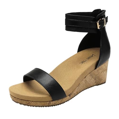 DREAM PAIRS Women's Open Toe Buckle Ankle Strap Platform Wedge Sandals Summer Shoes,Size 5.5,Black/Pu,NINI-6